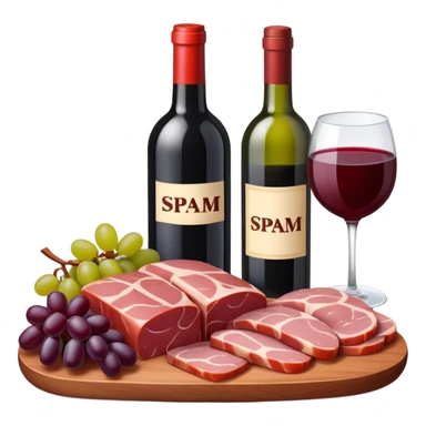SPAM MEAT charcuterie with fruit and a bottle of wine sticker