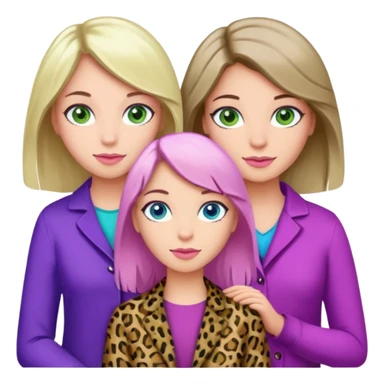 I want a brunette girl who really likes pink and leopard print, another blonde with blue eyes who likes blue, and another with light brown hair, green eyes, and purple and green colors. All together.   sticker