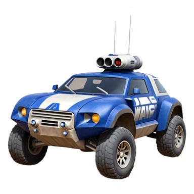 Weathered and well armed Star Wars’s Range trooper’s police evil darkly night blue Dirty and dented Local Motors Rally Fighter off road race car hot rod meets hummer trophy truck-style basher flying down a dusty road catching everything (silver wheels) sticker
