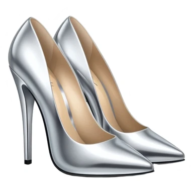 A pair of high heel shoes emoji made of polished silver chrome, elegant sharp silhouette, smooth metallic surface, glossy reflections, luxury sexy vibe, minimalistic iOS emoji style, centered, clean white background sticker