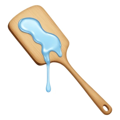 a close-up, minimalist shot of a viscous, pearly substance slowly dripping from a wooden spatula against a neutral gray background. sticker