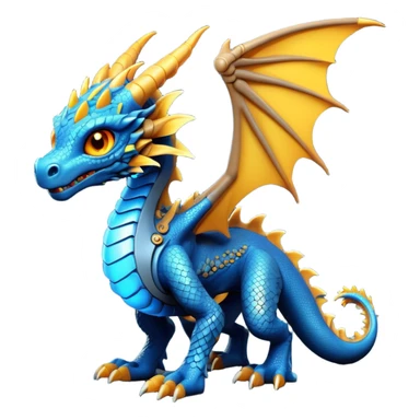 A charming little cybernetic dragon with glowing blue and yellow scales, with intricate mechanical details visible on its body. It has large, expressive dark orange eyes and small, developing wings. The dragon stands on a smooth gray-blue surface with a dark blue defocused background
 sticker