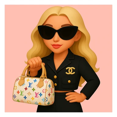 Remove all jewelry, make her lips a lighter pink, adjust her skin tone to be slightly more tan, and change the Louis Vuitton bag to a Speedy 30 Multicolore in white with rainbow monogram. Keep the pink background and sunglasses. sticker