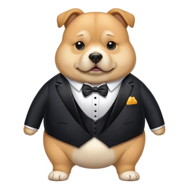 fat dog wearing a reflective tuxedo sticker