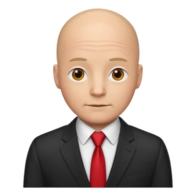 a bald man in a suit with a red tie sticker