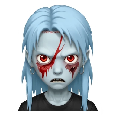  3D emoji-style avatar with very pale blue-grey zombie skin , a young Asian face, and large eyes with blood tears. Give it white litle bit messy long mullet hair style , silver hoop earrings, and a plain black T-shirt. The face expression should be slightly angry, with vampire fang sticker