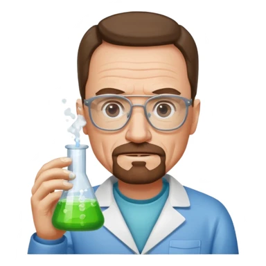Walter White in iPhone emoji style, holding a chemistry beaker and wearing his glasses sticker