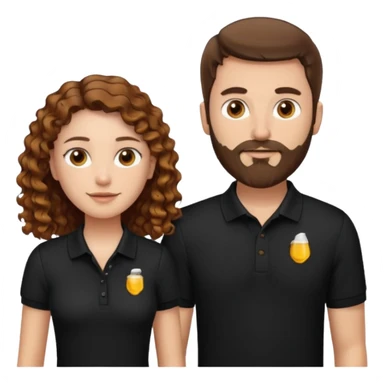 Criar Casal - Homem branco de cabelo liso e olhos marrom, com barba, camiseta polo preta e mulher de pele branca cabelo cacheado marrom longo e olhos mel sticker