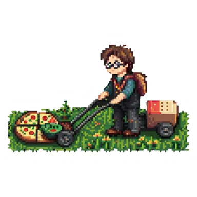 Harry Potter mowing the lawn with pizza sticker