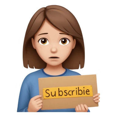 Sad realistic emoji of a young woman with messy hair, holding a cardboard sign that says "PLEASE SUBSCRIBE", emotional begging expression, cinematic lighting, shallow depth of field, soft blurred background, high detail, viral social media style sticker