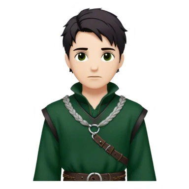 Medieval spring outfit worn by a DnD themed fantasy male character. Forest green wool tunic with silver thread detailing at the collar, secured with a braided leather belt. Clothes only above the waist, full waist coverage. The character has no arms. Character is white-skinned with raven-black hair, deep brown eyes, and tousled short hair. sticker