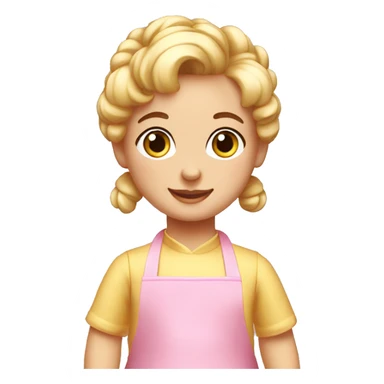create a gif of a little baker's doll, with a pink apron, blonde hair with a bun who is happy sticker