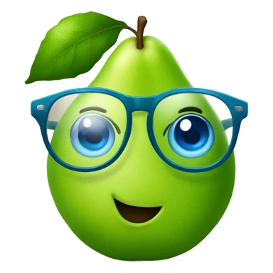 a big green pear with blue eyes and a pair of round glasses sticker
