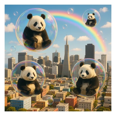 Cinematic still pandas bears sitting inside bubbles flying around San Francisco downtown, sunny summer day, happy vibe, colorfull surround, rainbow sticker