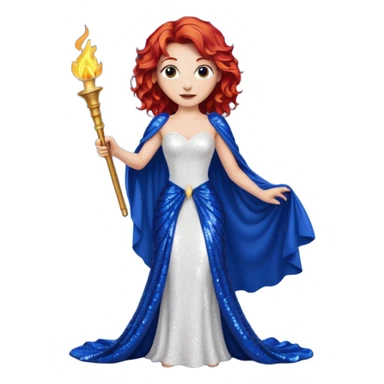 Torch Lady from Film Studios with red wavy hair, white sequin gown, royal blue sequin drape, holding torch sticker