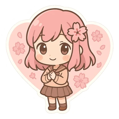 Pink heart-shaped cherry blossom pattern, Q version sticker style sticker