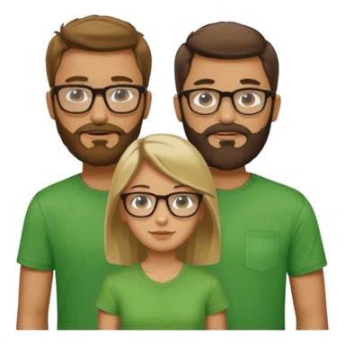 A family consisting of a man who's bearded, tanned, wearing glasses, a woman, slightly tanned, and a 14 year old teenage boy, slightly tanned, wearing a green t-shirt, not everyone is wearing glasses,  sticker