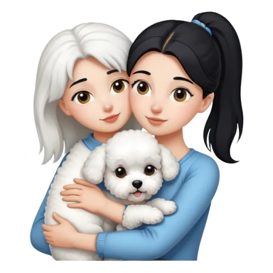 One long face girl with straight black hair in a ponytail，hugging one Bichon frise sticker