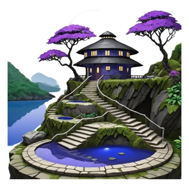 Crashed Alien saucer pool-house jungle winding staircase lakeside mountainside-island getaway haunted nighttime landscape antique mudman very old broken cracked intricate Stone Age lapis-crusted irregular dodecagon-shaped shallow dark moss rough bark violet serissa flowered maple tree bonsai sticker