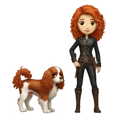red-haired girl in leather holding a Cavalier sticker