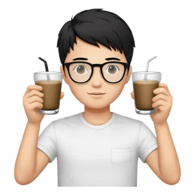 young handsome Asian man with black coffee colored hair, wearing white T-shirt, black framed glasses, holding glasses, very smart, emoji style sticker
