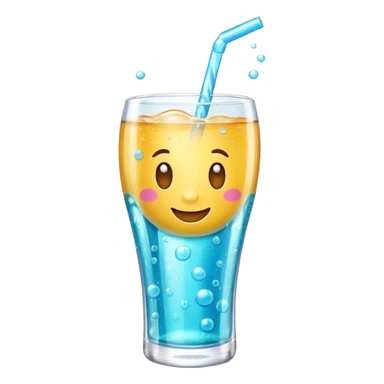 3D iPhone style emoji of bubbly soda pop, fizzy bubbles rising, translucent sparkling liquid, isolated on white background, soft shadows, high detail, playful and cute. sticker