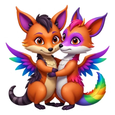 black female raccoon dragon hybrid with rainbow colored wings and purple eyes giving a hug to a red female fox dragon hybrid with rainbow colored wings and orange eyes sticker