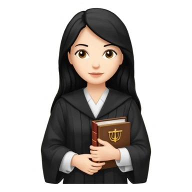 white-women-with-long-black -hair-lawyer-in-lawyer’s-robe. Have law book in hand with bookshelf full of law books in the background. sticker