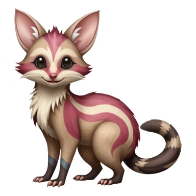 Oriental Painted Zooming Happy Realistic Star-swirled Zany Minccino-Opossum-Numbat-Lykoi-Sphynx-Zangoose-fusion-hybrid-animal-Fakémon-creature, full body, thin long sleek scaly tail, intricate markings sticker