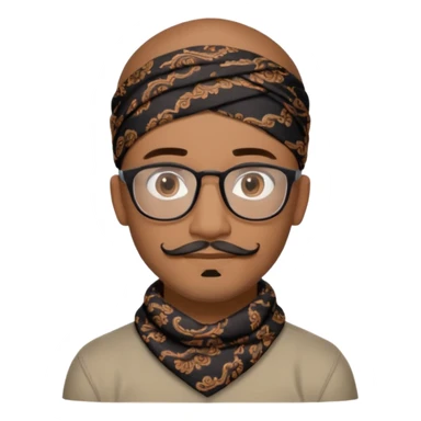 A friendly person with medium-brown skin, large warm brown eyes, thin rectangular glasses, a short mustache and small goatee, wearing a black paisley bandana. Rounded face, calm slight smile. Head-and-shoulders emoji style, bold outlines, simple shapes, bright colors, transparent background. sticker