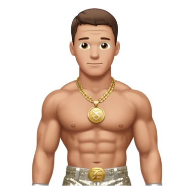 John Cena with silver sequin baggy pants, shirtless with necklace, brown hair sticker