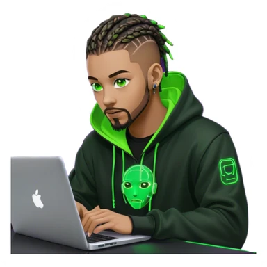 Light skinned African American male with green eyes as a cyberpunk hacker with cornrows hairstyle but short cornrows  with goatee facial hair  coding on laptop  sticker
