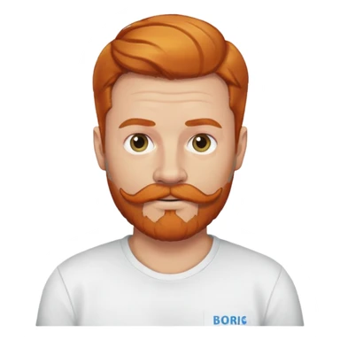 man with ginger hair and mustache and beard wearing a shirt that says “Boris” sticker