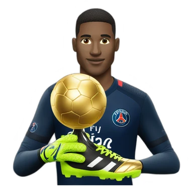 PSG goalkeeper, with white skin color, holding the golden ball sticker