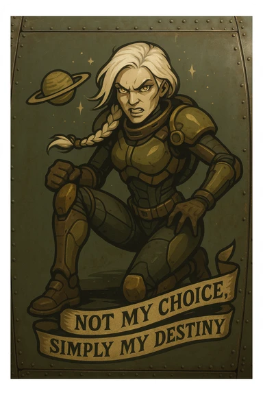 a retro military pinup fuselage decoration for the motto " not my choice, simply my destiny "
; female figure, white hair 1 braid, gold yellow eyes, spacer, fierce, exo-rogue, menacing yet taunting sticker