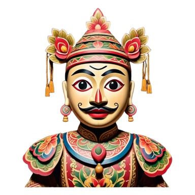 Golek Ayun-ayun – Cinematic Realistic Wayang Golek Ayun-ayun, depicted as an intricately carved traditional wooden puppet with vibrant painted details and expressive features, set on a dimly lit stage with dramatic shadows that evoke centuries of Indonesian theatrical heritage, rendered with lifelike textures and subtle ambient glow. sticker