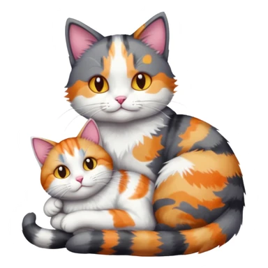 full body dark grey and white cat cuddling a colourful light patched calico + white tabby cat  sticker