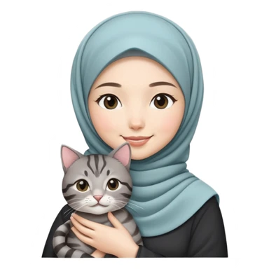 Asian White girl wearing cute hijab holding a black grey tabby cat while smiling.  sticker