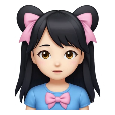 A kawaii-style emoji of a cute anime girl with long, straight black hair, with side bangs, big shiny brown eyes, and soft makeup. She has a small pink bow on her hair and is wearing a pastel blue top but with a Sonic the Hedgehog design printed on it (cute Sonic style). sticker