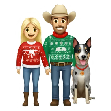 Blue heeler and a blonde girl and cowboy dad all in Christmas sweaters sticker