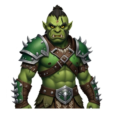 Cinematic Realistic WoW Orc Warrior Portrait, captured in a dynamic, battle-ready stance, muscles bulging beneath intricately detailed tribal armor accented with dark leather and iron. His fierce, determined eyes and battle-scarred green skin are rendered with dramatic natural lighting and high shine, exuding raw, relentless fury in a fierce combat pose. sticker