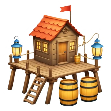 
fisherman house on a wooden pier, small dock, fishing nets hanging, barrels, lantern, ocean vibe, 3D cartoon, cute mobile game icon, clean background, no text
 sticker