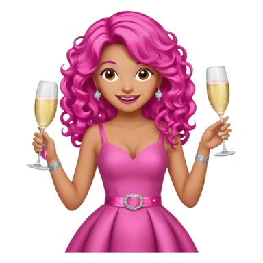 One lady with long hot pink curled hair and tan skin wearing a pink dress with sparkly belt holding a glass of pink champagne in each hand smiling cheerfully  sticker