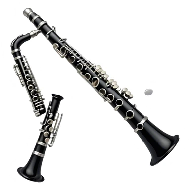Create an emoji, representing a black standard clarinet. The design should feature a smooth, glossy black body of the clarinet with shiny, silver keys clearly visible. Highlight the intricate details of the mouthpiece and reed at the top, while the body of the instrument should remain simple and elegant. Add subtle musical notes or soundwaves floating around the instrument to symbolize its clear, melodic sound. Use black for the body, silver for the keys, and soft lighting effects to give the instrument a polished, sophisticated look. The background should be transparent. sticker
