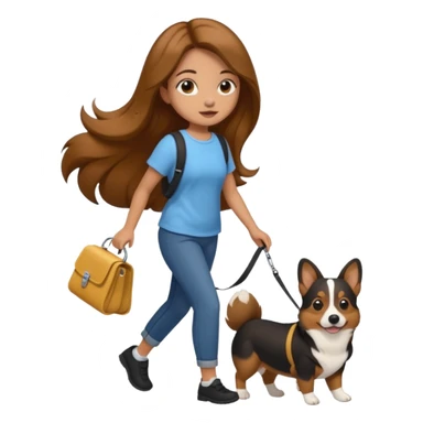 Burnette Girl with long hair Walking a black corgi  sticker