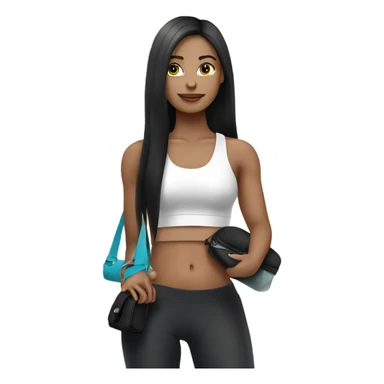 a white color skinned woman with black long straight hair wearing a workout set and carrying  a designer purse on her hand  sticker