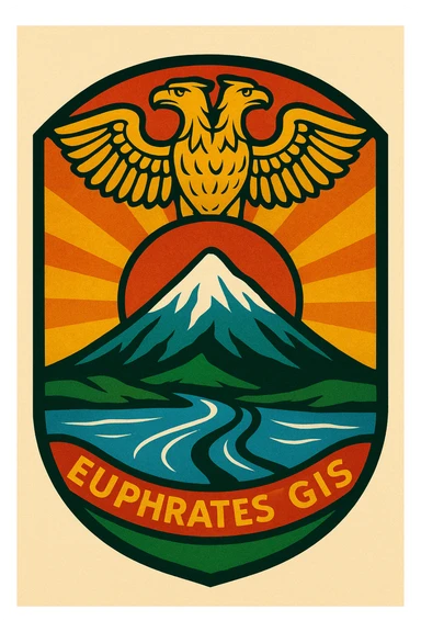 A stylized emblem showing a snowy mountain atop another mountain, a double-headed eagle with one head facing left, two rivers named Euphrates and Tigris flowing below the mountain, the sun in the background, with yellow, red, and green as the main colors. sticker