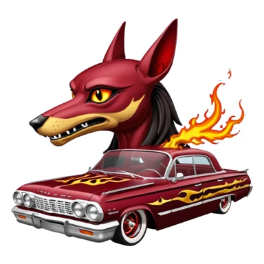 Satans Hot rod custom 1964 impala low rider four door Anubis theme painted hood flaming side-pipes driving straight to hell  sticker