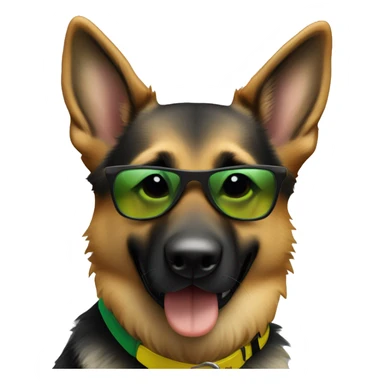Slim weak german shepherd with green-yellow belt and full black sunglasses and hair colour gray and a little brown near mouth sticker