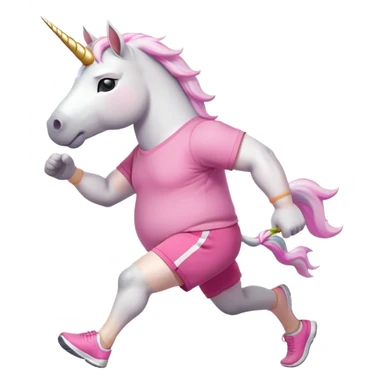 friendly anthropomorphised male white unicorn with an extra chunky, very strong and stocky build, arms and legs matching the white of the head, in grey shorts and pink t-shirt, wearing dark sunglasses, jogging upright in a standard pose sticker